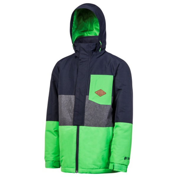 Optik der Kinder Snowboard Jacke in Farbblöcken mit melierten Farben und Elementen in Kontrastfarbe
