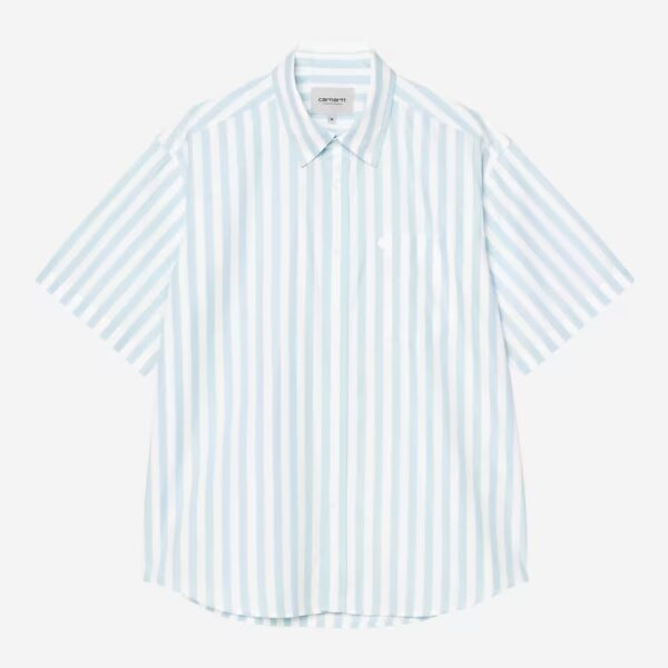 Leichtes, gestreiftes Kurzarmhemd in Weiß mit blauen Streifen, ideal für Sommer und Freizeit, hochwertiges Baumwollmaterial, modischer Look, perfekt für casual Outfits.