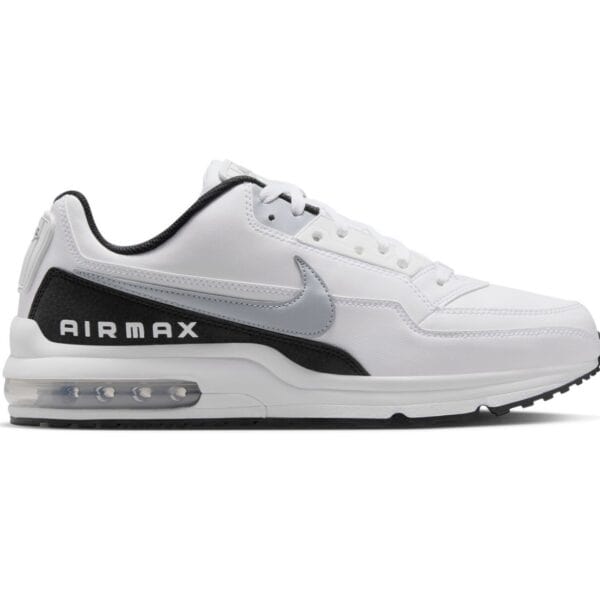 Nike Air Max LTD 3 Sneaker in Wolf Grey mit weißem Obermaterial, schwarzem Akzent und sichtbarer Luftdämpfung im Absatz, ideal für sportliche Aktivitäten.
