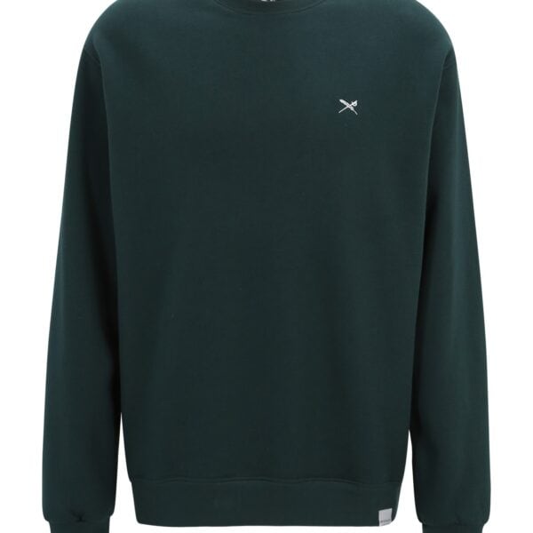 Dunkelgrüner Iriedaily Mini Flag 2 Pullover mit kleinem Logo auf der Brust, bequemes Design für Streetwear und Freizeit.