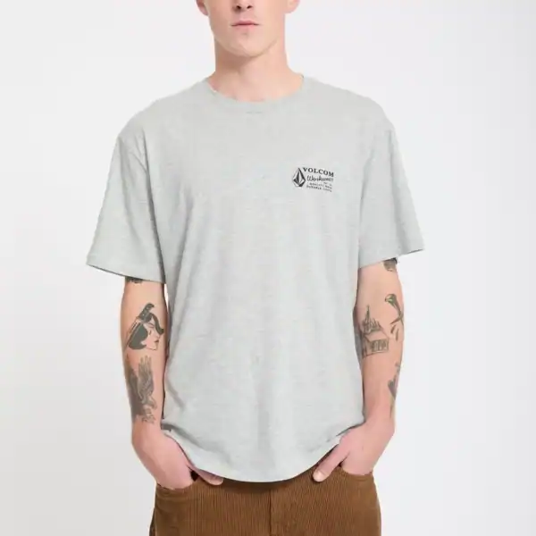 Männlicher Model trägt graues Volcom Workwear Basic T-Shirt mit Logo auf der Brust, lässig in einer neutralen Umgebung.