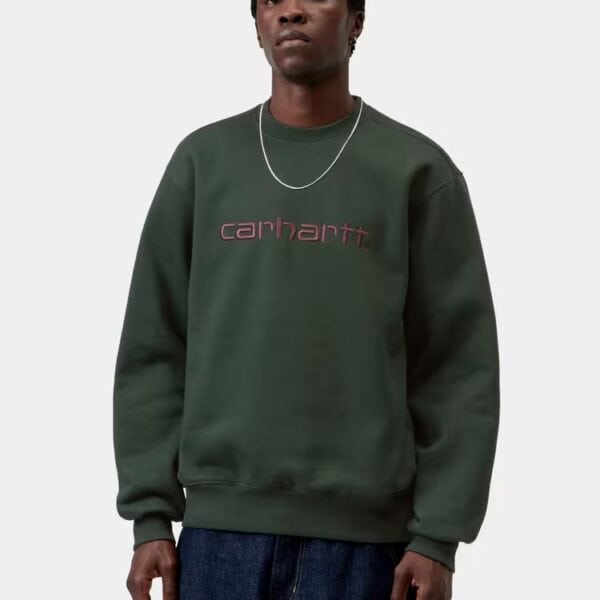 Mann trägt ein grünes Carhartt Wip Sweatshirt mit rotem Logo, stilvoll und bequem für den Alltag.