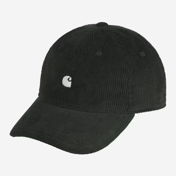 Schwarze Carhartt Wip Harlem Cord Cap in Raven mit kleinem Logo auf der Vorderseite, stylischer Streetwear-Look, hochwertiges Material, perfekt für den Alltag.