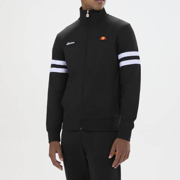 Schwarze Ellesse Roma Track Top Jacke mit weißen Streifen an den Ärmeln, sportlich und bequem für Freizeit und Training.