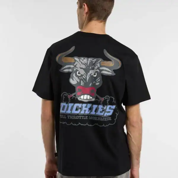 Schwarzes Dickies T-Shirt mit großem Bullen-Logo auf der Rückseite, bequemes Casual-Design für Alltag und Freizeit.