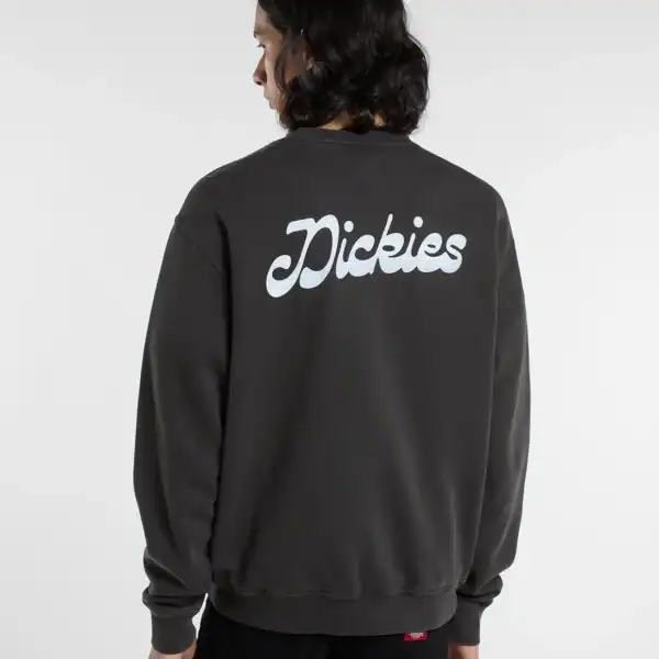Damen trägt schwarzen Dickies Cornville Retro Pullover mit großem weißen Logo auf dem Rücken, seitliche Ansicht, modischer Streetwear-Look.