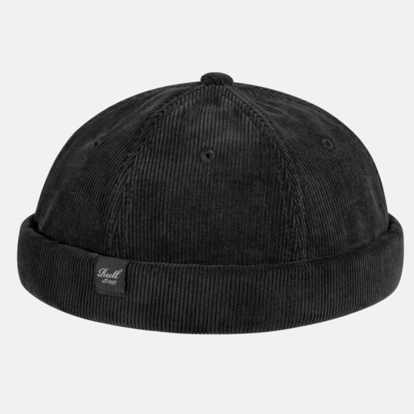 Schwarze Reell Docker Cord 6 Panel Cap aus robustem Cordstoff, modisches Accessoire für Streetwear und Freizeit.