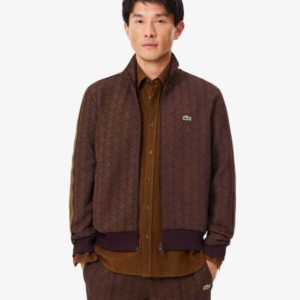 Lacoste Jacquard Track Jacke in braun mit Monogramm-Design, sportlich und stilvoll für Herren.