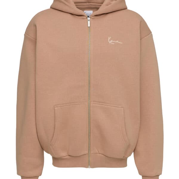 Bequemer brauner Zip-Hoodie von Karl Kani mit Kapuze und Taschen, ideal für lässigen Streetwear-Look.