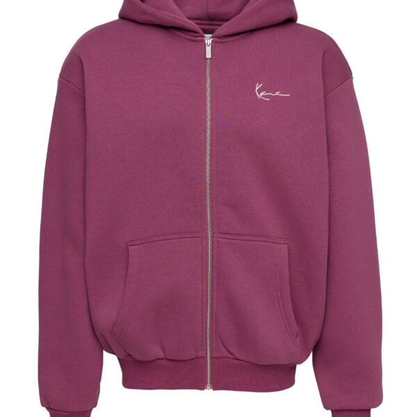 Lila Karl Kani Zip Kapuzenpullover mit Reißverschluss und Kängurutasche, bequemes Streetwear-Design für Damen und Herren.