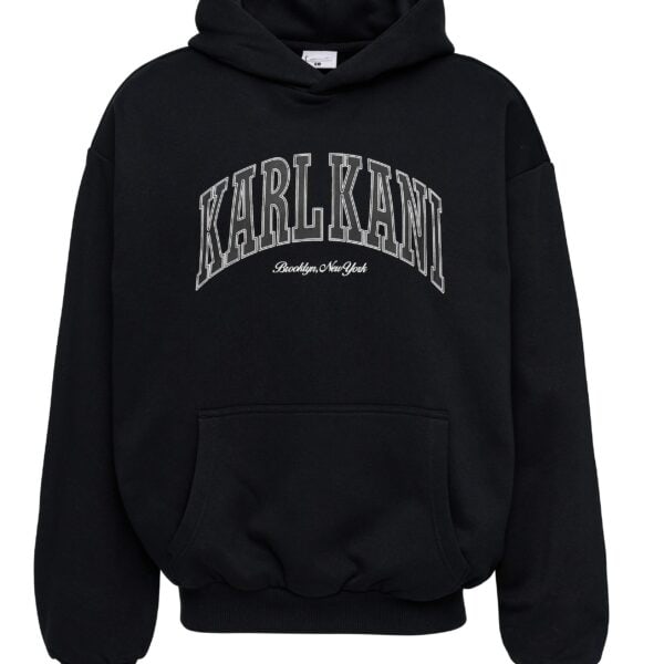Schwarzer Kapuzenpullover von Karl Kani mit Brooklyn-Logo, bequemes Design, ideal für Streetwear-Looks.