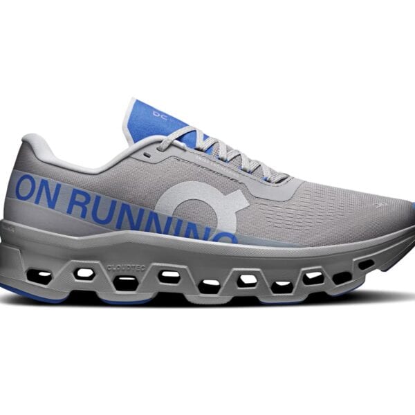Leichter, sportlicher ON Cloudmonster 1 Sneaker in Grau und Blau mit innovativem Design für Komfort und Performance.