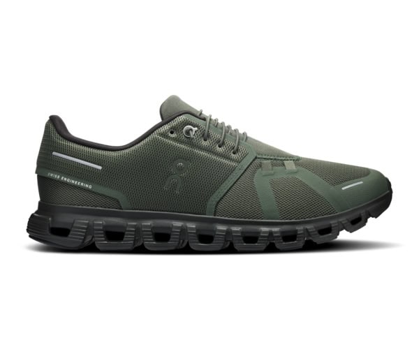 Der ON Cloud 6 Sneaker in Thyme Espresso, ideal für sportliche Aktivitäten und Komfort, mit atmungsaktivem Mesh und langlebiger Laufsohle.