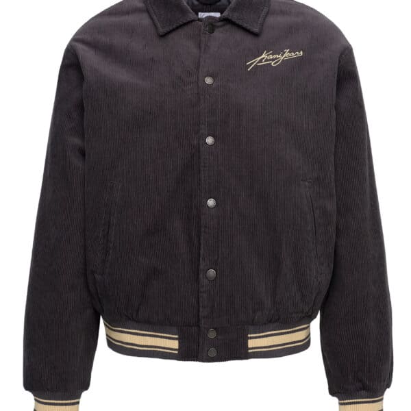 Karl Kani Corduroy Jacke in Grau mit Logo-Details, ideal für stilbewusste Männer, hochwertige Verarbeitung, perfekt für den Herbst.
