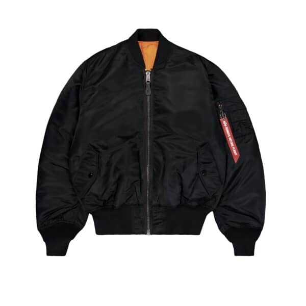 Schwarze Alpha Industries MA 1 Unisex Heritage Bomberjacke mit orangefarbenem Innenfutter, Reißverschluss und Taschen, ideal für stilbewusste Modefans.