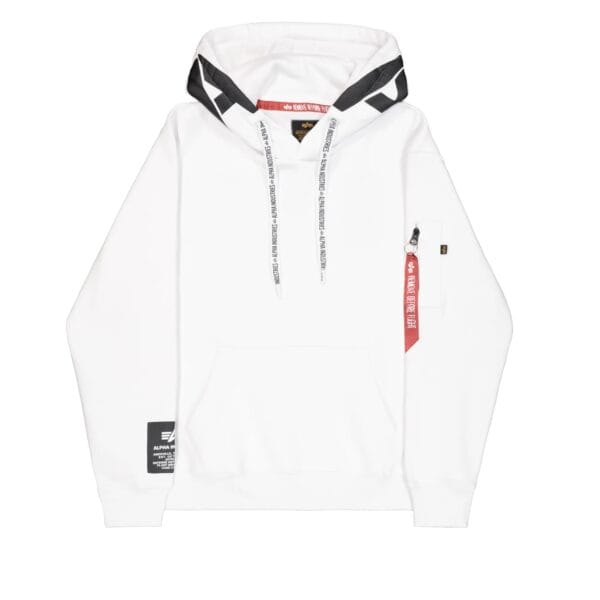 Weißer Alpha Industries Pullover mit Kapuze, Kängurutasche und Logo-Details, ideal für sportliche Freizeitmode.