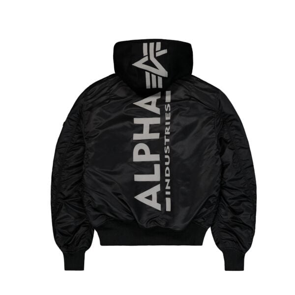 Schwarze Alpha Industries MA1 Kapuzen Bomberjacke mit reflektierendem Backprint, modisch und funktional für Streetwear-Looks.