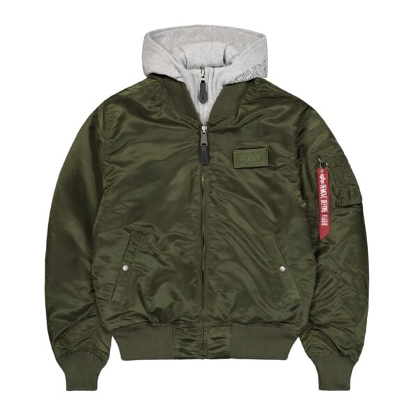 Grüne Bomberjacke mit Kapuze, Reißverschluss und Taschen, ideal für den Herbst, von Alpha Industries.