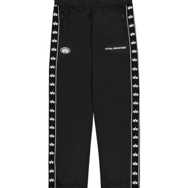 Schwarze Alpha Industries Tricot Track Jogger Hose mit weißen Logo-Details an den Seiten, elastischer Bund, sportliches Design für Freizeit und Sport.