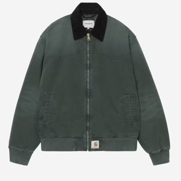 Carhartt Wip Satna Fe OG Herrenjacke in Raven, grün mit schwarzem Kragen, robuste Arbeitsjacke mit Reißverschluss und praktischen Taschen.