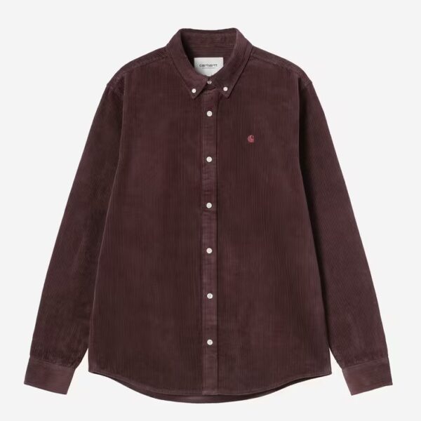Carhartt Wip Madison Cord Hemd in Amarone, braun, mit Knopfleiste und Button-Down-Kragen, aus Cordstoff, modisches Herrenhemd für den Alltag.