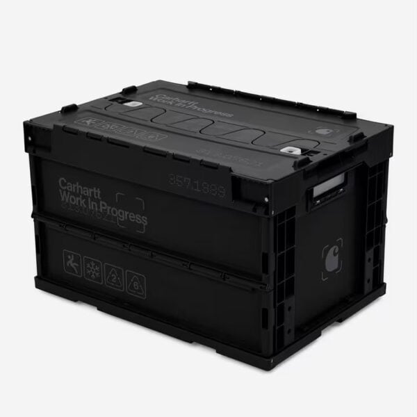 Schwarze Carhartt Wip Container Box mit 50 Litern Fassungsvermögen, robustes Design, Made in Japan, ideal für Lagerung und Transport.