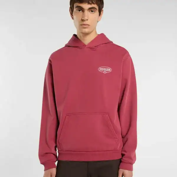 Junger Mann trägt einen roten Dickies Kapuzenpullover mit Logo auf der Brust, lässig vor hellem Hintergrund.
