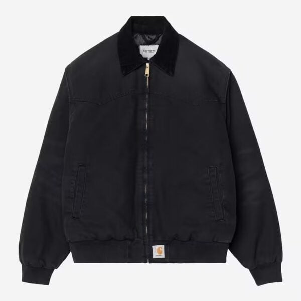 Schwarze Carhartt Wip Winterjacke Dearborn Canvas mit Reißverschluss und Stehkragen, ideal für kalte Wintertage.