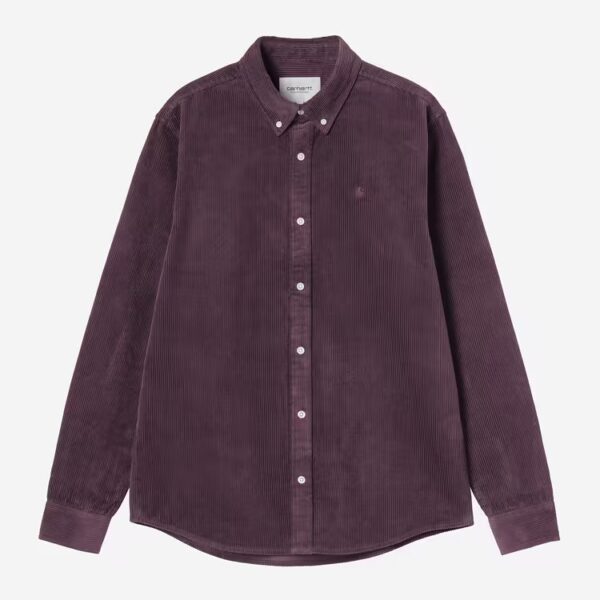 Lila Cordhemd von Carhartt Wip mit Knopfleiste und Button-Down-Kragen, aus weichem Cordstoff, stilvoll und bequem für den Alltag.