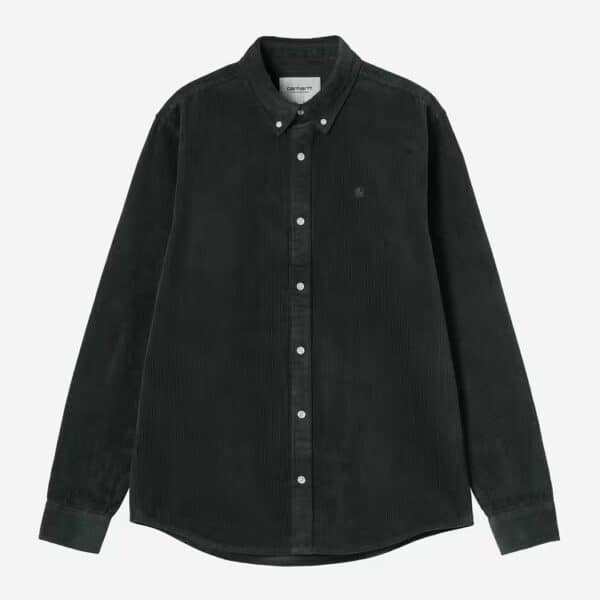 Schwarzes Carhartt Wip Madison Cord Hemd mit Knopfleiste und Button-Down-Kragen, ideal für lässigen Streetwear-Look.