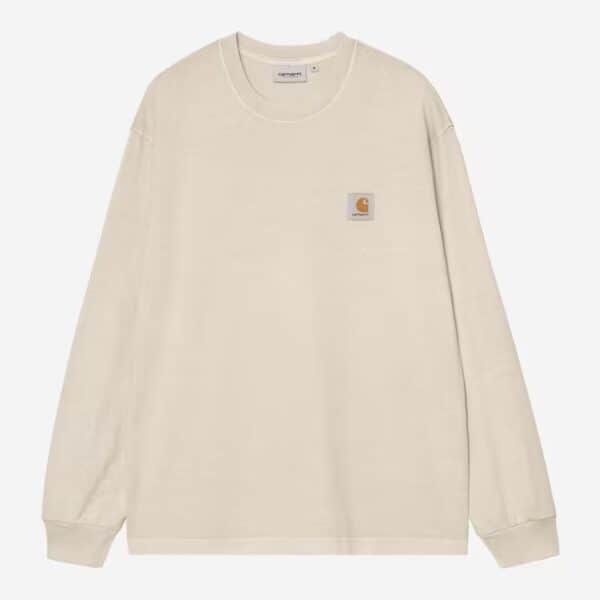 Beiges Carhartt Wip Vista Longshirt mit Logo-Print, bequemes Langarmshirt für Damen und Herren, hochwertiger Baumwollstoff, modisches Design.