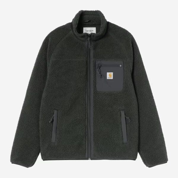 Schwarze Carhartt Wip Prentis Liner Fleece Jacke mit Reißverschluss und Brusttasche, ideal für kaltes Wetter.