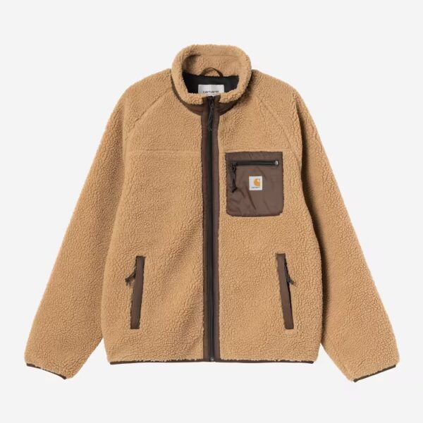 Carhartt Wip Prentis Liner Fleece Jacke in Dusty Tobacco, braun, mit Reißverschluss und mehreren Taschen, für kaltes Wetter geeignet.