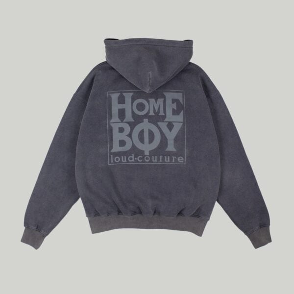 Grauer Old School Kapuzen ZipPullover für Herren mit großem Homeboy-Print auf dem Rücken, bequemes Design, ideal für Freizeit und Streetwear.