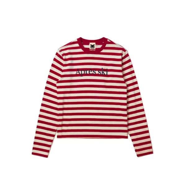 Rotes und weiß gestreiftes Apres Ski Langarmshirt von Kaotiko mit Logo-Print auf der Brust, ideal für Wintersport und Freizeit.