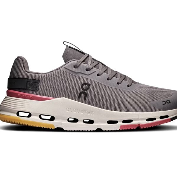 Moderner Damen-Sneaker ON Cloudnova Form 2 in Grau mit pinken und schwarzen Akzenten, ideal für sportliche Aktivitäten und Alltag.