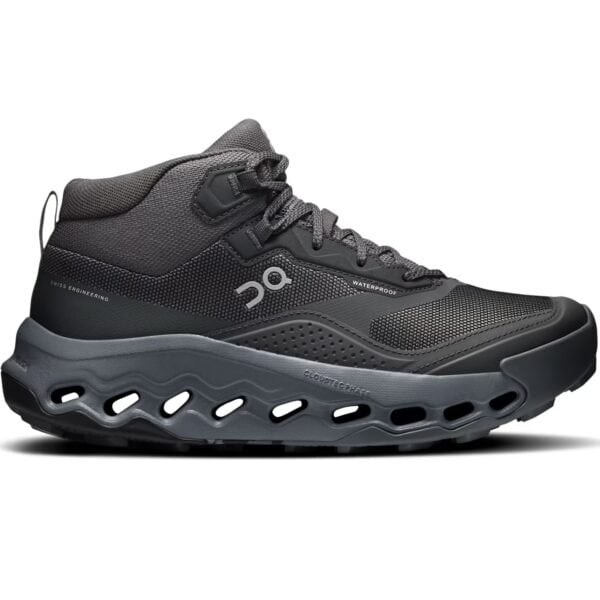 Schwarzer wasserdichter Outdoor-Sneaker von ON Cloudhorizon 2 Mid mit grauem Akzent, ideal für Outdoor-Aktivitäten und Komfort.