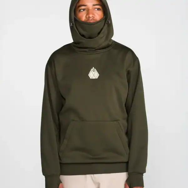 Dunkelgrüner Volcom Snow Hydro Kapuzenpullover mit Gesichtsschutz, sportlich und warm für Wintersportarten.