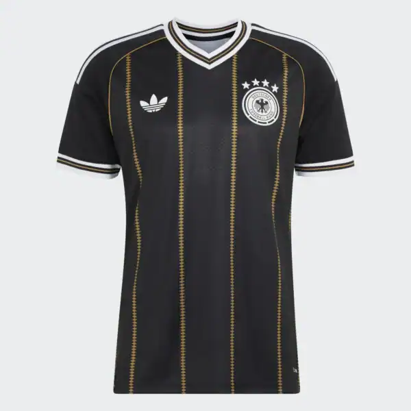 Schwarzes Adidas DFB Deutschland Auswärtstrikot mit goldenen Streifen und Vereinslogo.